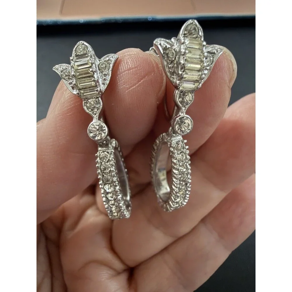 OTIS Sterling Art Deco Rhinestone Suspended Hoop Screw Back Earrings Floral